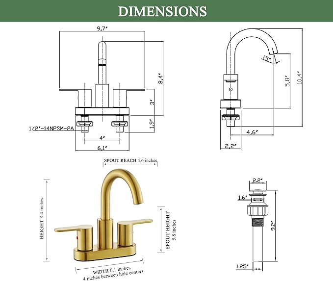 Brushed Gold 2 Handle Centerset Bathroom Sink Faucet with Drain Assembly, High Arc Modern 4 Inch Bathroom Vanity Lavatory Faucet 3 Holes with Brass 360° Swivel Spout, TAF067E-PB