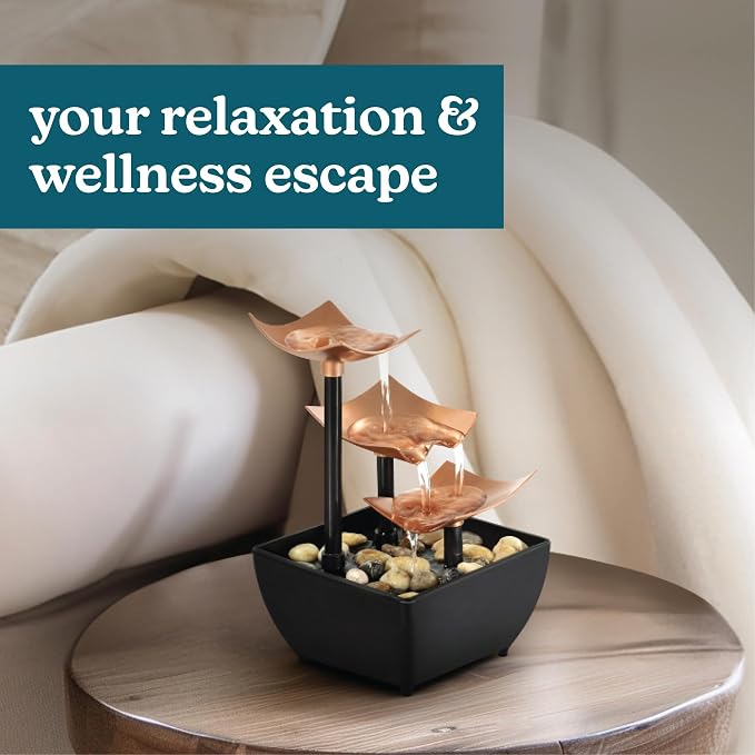 Homedics Tabletop Water Fountain, 3 Tier Indoor Waterfall Fountain | with Natural River Rocks, Quiet Pump for Relaxation, Zen Home & Office Desk Décor, AA Battery Powered