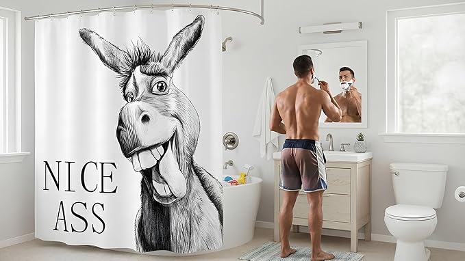 Funny Donkey Shower Curtain Rustic Farmhouse Shower Curtains for Bathroom Black and White Fun Cute Animal Wildlife Waterproof Fabric Bath Curtain Decor 72 X 72 Inch