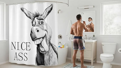 Funny Donkey Shower Curtain Rustic Farmhouse Shower Curtains for Bathroom Black and White Fun Cute Animal Wildlife Waterproof Fabric Bath Curtain Decor 72 X 72 Inch