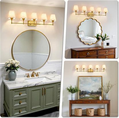 Gold Bathroom Vanity Light Fixtures: Brushed Gold Vanity Lights Over Mirror with Flared Fabric Shade, Modern Bathroom Lighting Fixtures, 5 Light Wall Sconces Lights for Bedroom Hallway Living Room