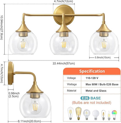 Gold Bathroom Light Fixtures 3 Light Bathroom Vanity Light with Clear Glass Shade, 22 inch Vanity Lighting Fixtures Over Mirror, Vanity Lights Fixture (Exclude E26 Bulb)