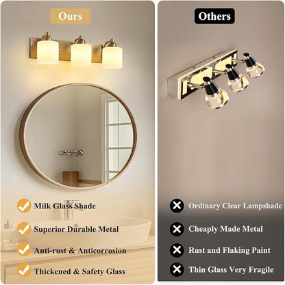 Mecgirn Stainless Steel Milk Glass Vanity Lights for Bathroom, 3 Light Brass Bathroom Light Fixtures Over Mirror, Ceramic E26 Sockets Wall Mounted