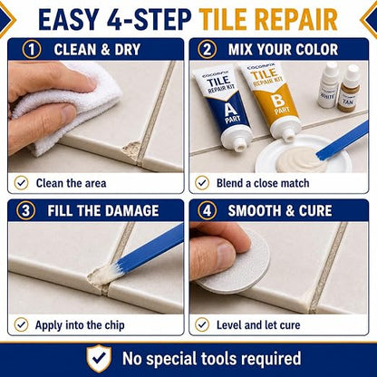 Tile Repair Kit, Ceramic & Porcelain Tile Chips & Cracks Repair-Color Match | Strong-Bond Epoxy Filler for Floor, Wall & Shower Tile, Acrylic & Fiberglass; Repairs Holes, Chips, Cracks & Scratches