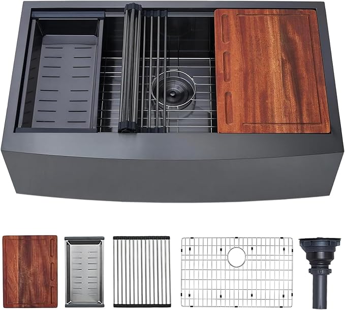 VAPSINT 33 Inch Black Farmhouse Kitchen Sink, 33x20x9 Inches Stainless Steel Undermount 16 Gauge Deep Single Bowl Apron Front Workstation Ledge Farm Sink with Accessories