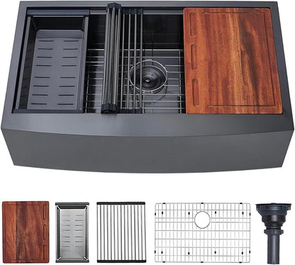 VAPSINT 33 Inch Black Farmhouse Kitchen Sink, 33x20x9 Inches Stainless Steel Undermount 16 Gauge Deep Single Bowl Apron Front Workstation Ledge Farm Sink with Accessories