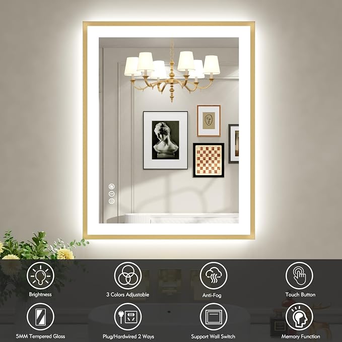24x30 Inch LED Bathroom Mirror with Gold Frame | Gold Metal Frame, Front and Backlit, 3 Colors, Dimmable, Memory, Anti Fog, Tempered Glass, Lighted Mirror for Wall