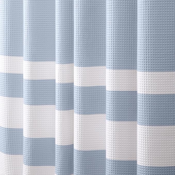 Light Blue Shower Curtain Cotton Waffle Stripe Shower Curtains for Bathroom 72"x72"