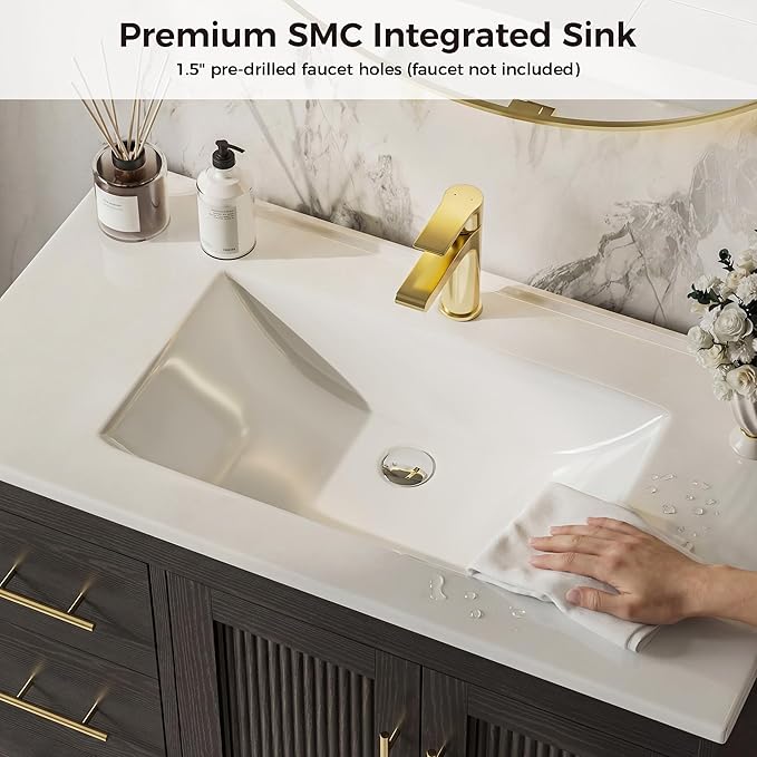 IRONCK 36 Inch Bathroom Vanity with Sink, Modern Black Bathroom Cabinet with Soft Closing Doors, 3 Drawers, Adjustable Shelf & Toilet Paper Holder