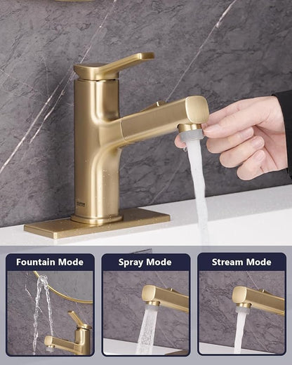 Pull Out Bathroom Faucet, Single Handle Bathroom Sink Faucet with Pull Out Sprayer, Bathroom Faucet for Sink, with Pop-up Drain & Deck Plate 1 or 4-inch Centerset 3 Hole, Gold