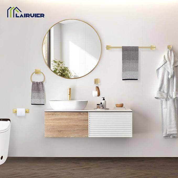 Lairuier Brushed Gold Bathroom Accessories, Towel Bar Set Wall Mounted | 5 Pieces Bathroom Hardware Set, SUS304 Stainless Steel Double Base 23.6" Towel Bar, Towel Ring, Toilet Paper Holder & Hooks