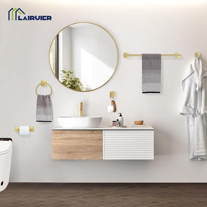 Lairuier Brushed Gold Bathroom Accessories, Towel Bar Set Wall Mounted | 5 Pieces Bathroom Hardware Set, SUS304 Stainless Steel Double Base 23.6" Towel Bar, Towel Ring, Toilet Paper Holder & Hooks