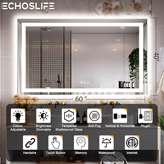 EchosLife 60"x40" LED Mirror for Bathroom | Backlit + Front Lit, Anti-Fog, Stepless Dimmable, 3 Colors, Memory, Tempered Glass, UL Listed, Horizontal/Vertical