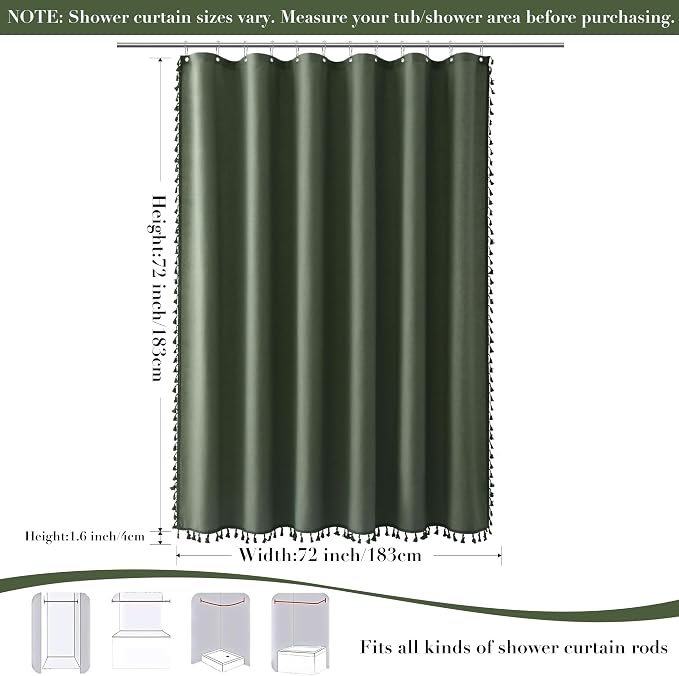 Olive Green Boho Linen Shower Curtain for Bathroom Luxury Fancy Modern Rustic Fabric Shower Curtain Set with Hooks Farmhouse Hotel Style Bath Accessories Decor Water Repellent 72x72