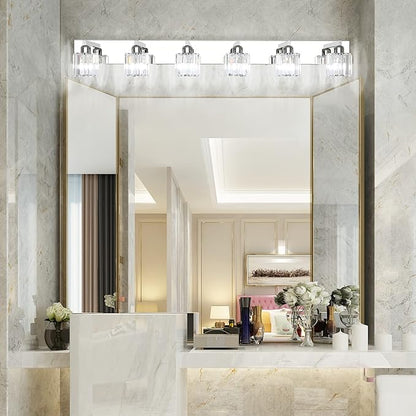 Aipsun Bathroom Vanity Light Crystal Vanity Lighting Fixtures 6 Lights Chrome Vanity Light for Bathroom (Exclude Bulb)