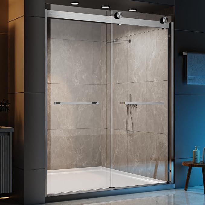 Shower Door Double Sliding Semi-Frameless Shower Door 56-60" W × 78" H Sliding Shower Door, 3/8" (10mm) Thick Tempered Clear Glass with Explosion-Proof Film, Bathroom Glass Door, Brushed Nickel