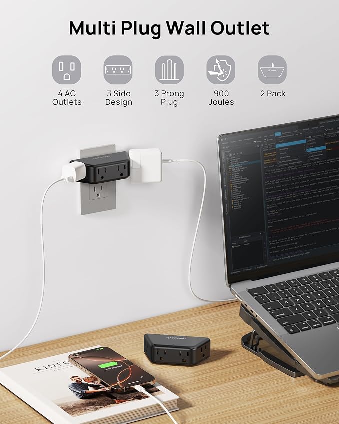 TROND Black Outlet Extender Surge Protector 2 Pack, Multi Plug Wall Outlet | 4 Grounded Sockets, Angled Wall Plug Splitter, Space-Saving, 900J, Multiple Adapter for Home Office Travel Dorm Room