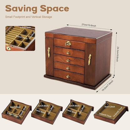 Wood Jewelry Box with 4 Drawers, Desktop Jewelry Organizer with Built-in Mirror & Combo Lock, Large Jewelry Storage Display Case for Necklace Ring Bracelet Watch, Brown