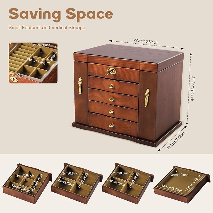 Large Wooden Jewelry Box with Mirror and Lock, 5 Layers Locking Jewelry Organizer, Watches Necklace Ring Storage Box for Women