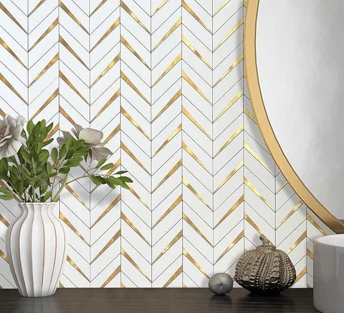 DICOFUN Polished White PVC Mixed Metal Gold Herringbone Tile Peel and Stick Backsplash, Stick on Backsplash for Kitchen and Bathroom Wall