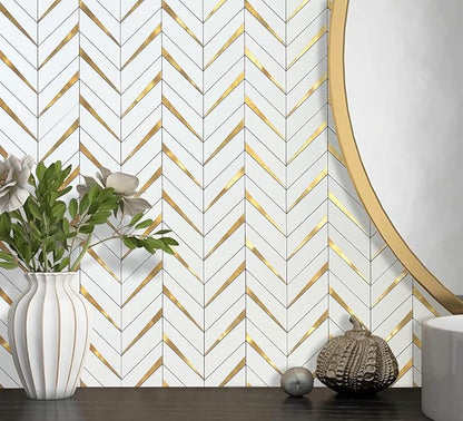 DICOFUN Polished White PVC Mixed Metal Gold Herringbone Tile Peel and Stick Backsplash, Stick on Backsplash for Kitchen and Bathroom Wall