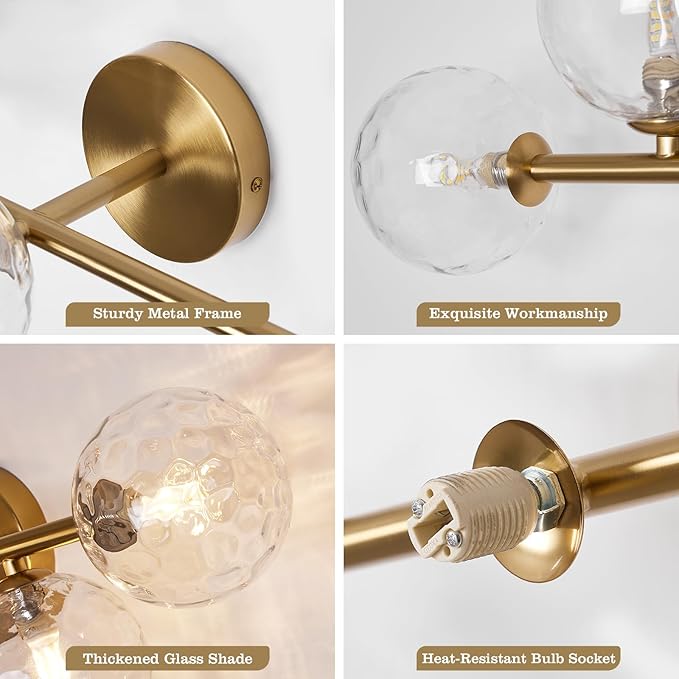 Bathroom Vanity Mirror Light Fixtures: Dimmable 5 Lights Bath Wall Sconce Lighting - Brass Gold Vanity Lights with Hammered Clear Glass Shade - Modern Minimalist Makeup Light Above Mirror G9 Base