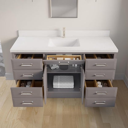 Capri III 60" Single Sink Bathroom Vanity With Stealth Organizer, Solid Wood Bathroom Cabinet with Engineered Stone Countertop & Backspalsh, Soft Closing Door & Drawer, Pre-Assembled, Mink