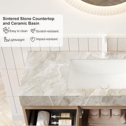 Ambrovina 48" Floating Bathroom Vanity with Sink, Modern Plywood Bathroom Storage Cabinet with Drawer and 2 Doors, Gray Sintered Stone Countertop and White Ceramic Basin, Pre-Assembled, Light Oak
