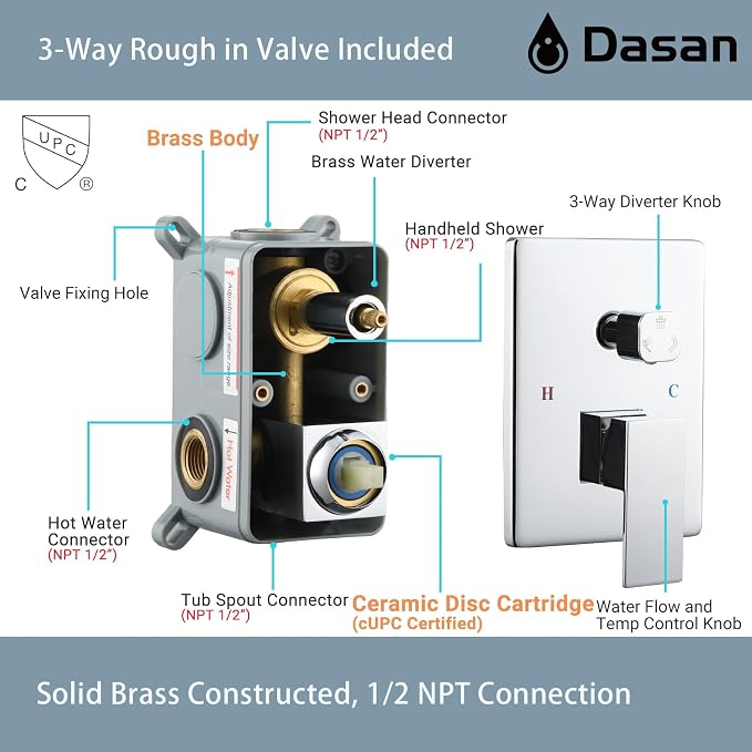 DASAN Tub Shower Faucets Sets Complete Chrome Bathtub Shower System with Tub Spout, Bathtub Faucet Set Tub and Shower Faucet Combo Trim Kit with Rough-in Valve, DA-SS03PC-S10W