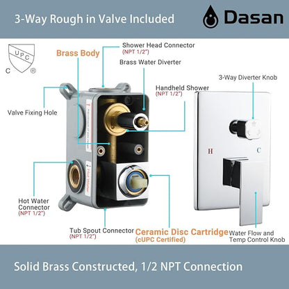 DASAN Tub Shower Faucets Sets Complete Chrome Bathtub Shower System with Tub Spout, Bathtub Faucet Set Tub and Shower Faucet Combo Trim Kit with Rough-in Valve, DA-SS03PC-S10W