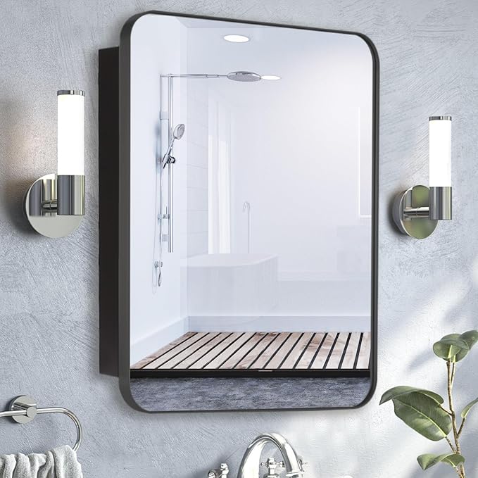 20’’x30’’ Medicine Cabinet,Metal Framed Medicine Cabinet Mirror with Round Corner,Recessed and Surface Mount Bathroom Mirror with Storage, Removeable Shelves,Dark Gray Frame