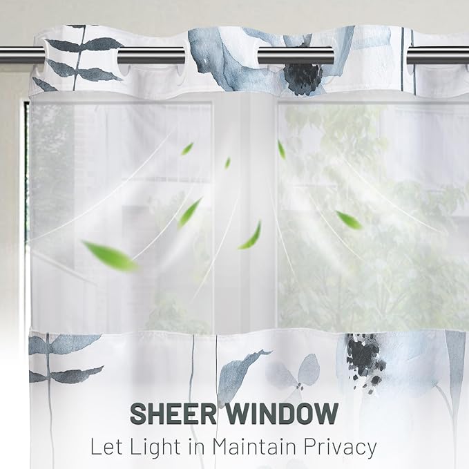 No Hook Floral Shower Curtain with Liner, Moonlight Blue, 71x74 | Snap in Liner, 3 in 1, Water Repellent, Easy Install, Machine Washable, Hotel Style for Bathroom, Watercolor Pattern