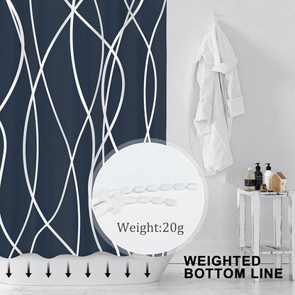 Striped Shower Curtain for Bathroom, Aegean Blue, 72" W x 72" L | with Hooks, Modern Hotel Style, Water Repellent, Washable, Weighted Hem