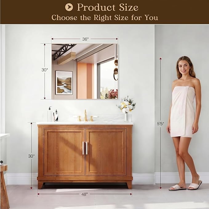 Brightify Frameless Mirror, 30x36 Inch Bathroom Mirrors for Over Sink, Tempered Glass for Gym, Yoga, Living Room, Dining Room, Bedroom, Entryway