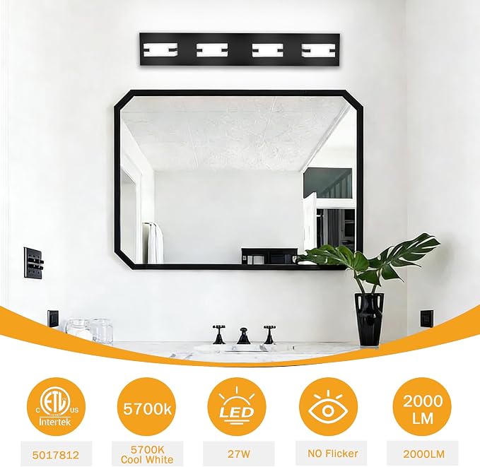 LED Bathroom Light Fixtures, 4-Light Modern Vanity Lights with Milky White Frosted Acrylic Shades, Matte Black Bathroom Lighting fixtures Over Mirror, ETL Listed, 27W (Cool White 5700K)