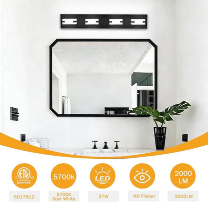 LED Bathroom Light Fixtures, 4-Light Modern Vanity Lights with Milky White Frosted Acrylic Shades, Matte Black Bathroom Lighting fixtures Over Mirror, ETL Listed, 27W (Cool White 5700K)