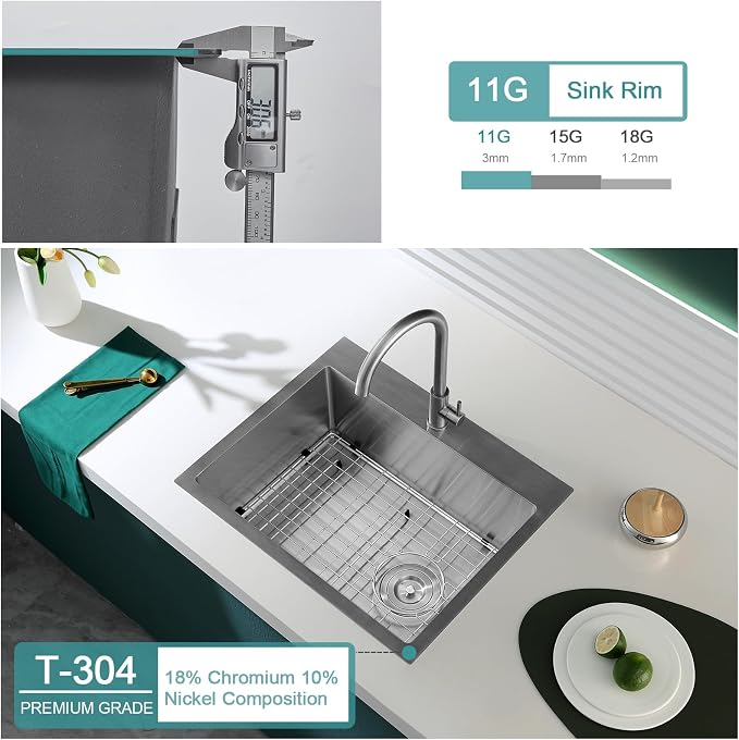Brushed Topmount Kitchen Sink - 24”×18” Single Bowl Sink, Sink Grid | 9 Inch Deep Handmade Bar Sink with Strainer, Stainless Steel 304, Right Side Drain, X-Groove Drainage, Sound-Dampening Pad