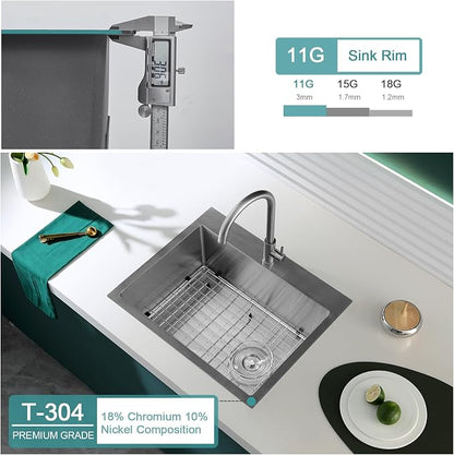 Brushed Topmount Kitchen Sink - 24”×18” Single Bowl Sink, Sink Grid | 9 Inch Deep Handmade Bar Sink with Strainer, Stainless Steel 304, Right Side Drain, X-Groove Drainage, Sound-Dampening Pad