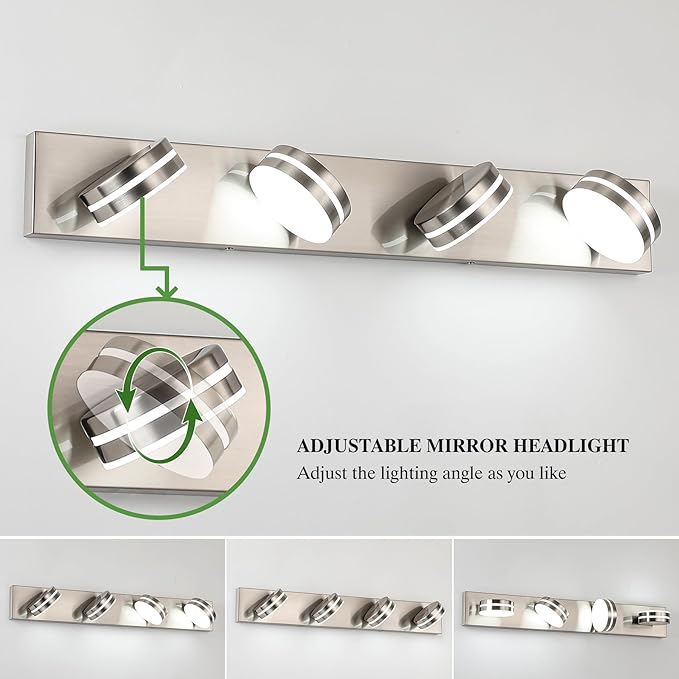 4-Light Bathroom Vanity Light, Brushed Nickel Bathroom Light Fixtures Over Mirror, LED Dimmable 5500K Bath Lighting Fixture, Modern Wall Mounted Lighting Fixture with 360°Rotating Lamp Head