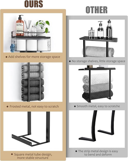 Aetyord Towel Racks for Bathroom 31inch Wall Mounted Towel Rack,Floating Shelf with Wood Plank,Towel Storage for Bathroom can Holds 6 Large Rolled Towels,All Black