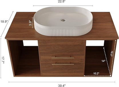39.4 inch Modern Floating Bathroom Vanity with Sink, Wall Mounted Bathroom Cabinet with Oval Fluted Ceramic Sink, Wood Grain Counter Top, 2 Soft Closing Drawers & Open Storage Shelf, Walnut