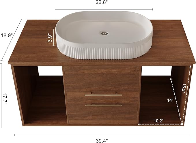 40" Bathroom Vanity with Sink Set, Modern Wall Mounted Bathroom Vanity Cabinet with Above Oval Ceramic Sink,Gold Handle 2 Drawers&2 Open Storage, Single Sink Floating Bathroom Vanity, Walnut