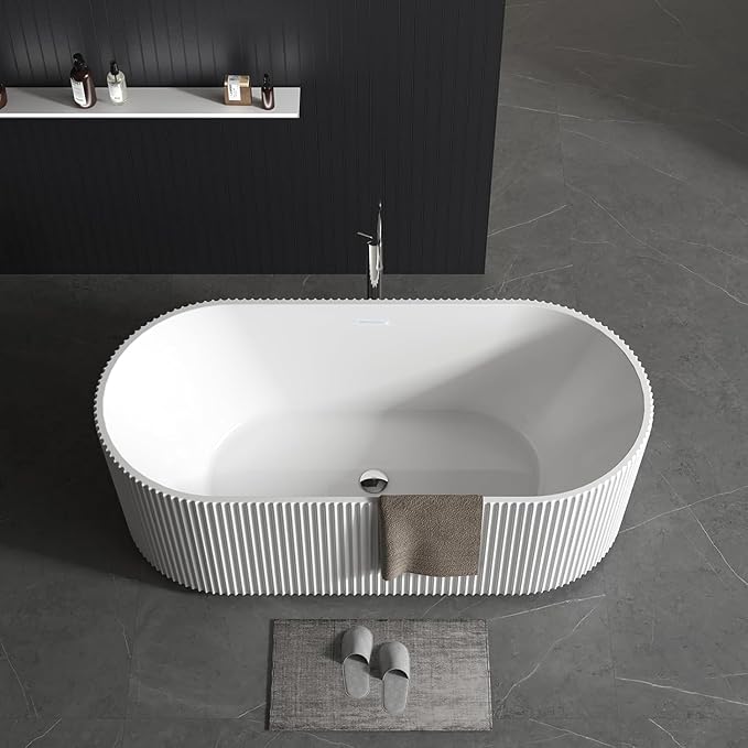 59 Inch Acrylic Freestanding Bathtub, Deep Soaking Tub with Non-Slip Base, cUPC Certified Free Standing Tub, Chrome Drain Bath Tub, Modern Tub for Bathrooms, White