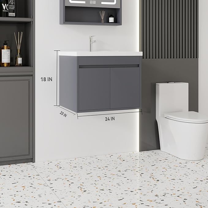24'' Bathroom Vanity with Ceramic Sink Combo, Wall Mounted Small Bathroom Vanity with Soft-Close Door Modern Floating Cabinet, Pop-up Drain, P-Trap Included, Gray(No Faucet)