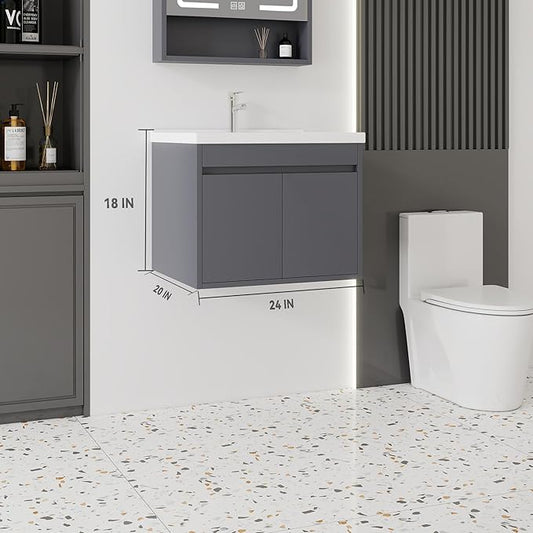 24'' Bathroom Vanity with Ceramic Sink Combo, Wall Mounted Small Bathroom Vanity with Soft-Close Door Modern Floating Cabinet, Pop-up Drain, P-Trap Included, Gray(No Faucet)