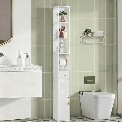 VECELO 67" Narrow Storage Cabinet, Tall Slim Corner Cabinet, Corner Storage with X-Shaped Metal Frame, Toilet Paper Holder, Magnetic Door, Ideal for Small Space, White