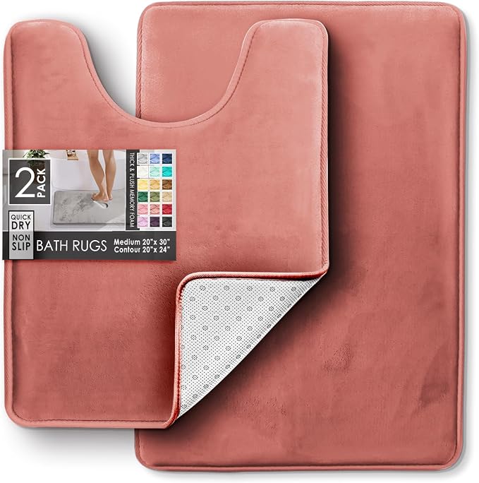 Clara Clark 2 Piece Bathroom Rugs, Velvet Memory Foam Bath Mat Set, Non-Slip Bath Rugs, Machine Wash, Dries Quickly, Ultra Soft Plush Bath Mats for Bathroom, 20 x 32 + Contour, Misty Rose