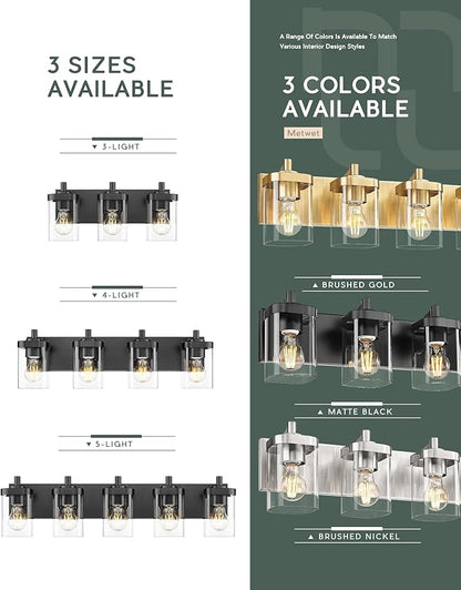 Bathroom Light Fixtures, 5-Light 30" Vanity Light with Square Clear Glass Shade, Modern Matte Black Wall Sconces, Vanity Lighting Fixtures Over Mirror, VL194-MB-5