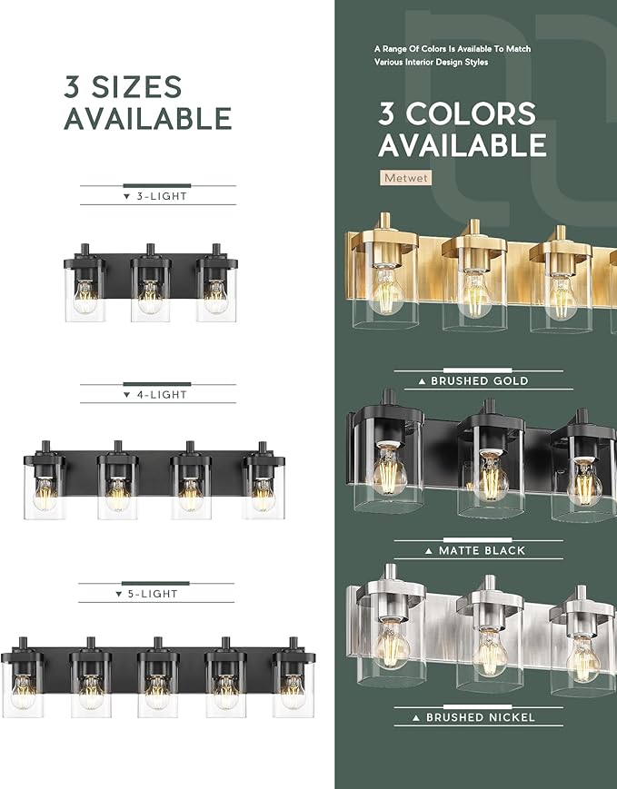 Bathroom Light Fixtures Over Mirror, 3-Light Matte Black Vanity Light with Square Clear Glass Shade, Modern Wall Sconces, Vanity Lighting Fixtures, VL194-MB-3