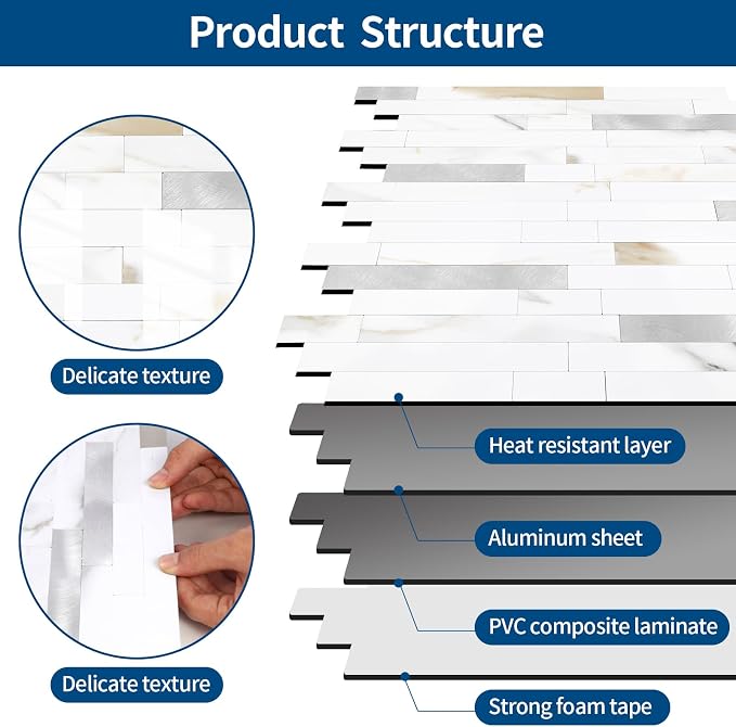 Yipscazo 1 Sheet Peel and Stick Stone Metal Tile Backsplash, Stick on Tiles for Backsplash Kitchen, Bathroom, Laundry Room, Camper, Fireplace (12'' X 12'', Polished Marble)